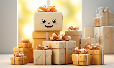 Cartoon style, colorful gifts on the table. Selective soft focus.の素材