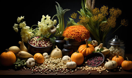 Illustration of a bright autumn still life with pumpkins. Selective soft focus.の素材