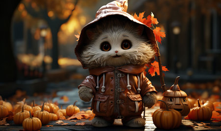 Illustration of a cat in a hat celebrating Halloween. Selective soft focus.の素材