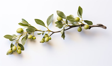 Branch with leaves and berries on a white background. Selective soft focus.の素材