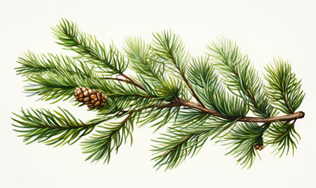Coniferous branch on a white background in vintage style. Selective soft focus.の素材