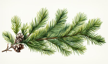 Coniferous branch on a white background in vintage style. Selective soft focus.の素材