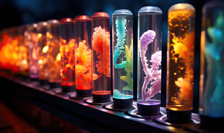 Glass bottles with corals on a dark background. Selective soft focus.