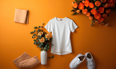 Close-up of a lying white T-shirt on a colored background. Selective soft focus.の写真素材