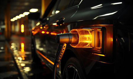 The electric car is charged at night.の写真素材