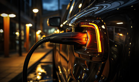 The electric car is charged at night. Selective soft focus.