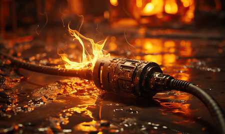 Burning car electric charging cable at night. Selective soft focus.の写真素材