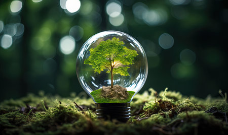 Green energy concept, light bulb with growing tree inside. Selective soft focus.の素材
