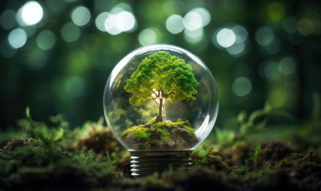 Green energy concept, light bulb with growing tree inside. Selective soft focus.の素材