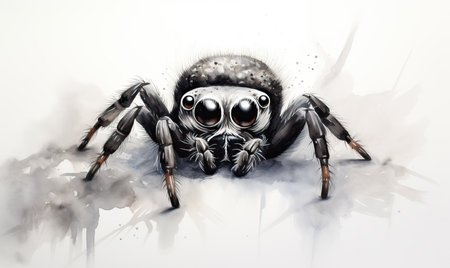 Drawing of a spider on a white background. Selective soft focus.の素材