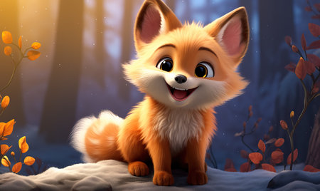 Cartoon animal fox in a winter landscape. Selective soft focus.の素材