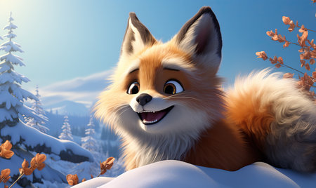 Cartoon animal fox in a winter landscape. Selective soft focus.の素材