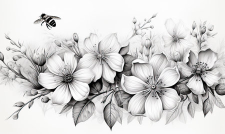 Black and white image of a bee on flowers. Selective soft focus.の素材