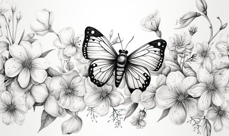 Black and white image, butterfly on flowers. Selective soft focus.の素材