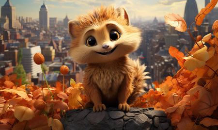 Cartoon animal chipmunk on autumn background. Selective soft focus.の素材