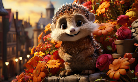 Cartoon animal hedgehog on autumn background. Selective soft focus.の素材