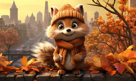 Cartoon animal fox on autumn background. Selective soft focus.の素材