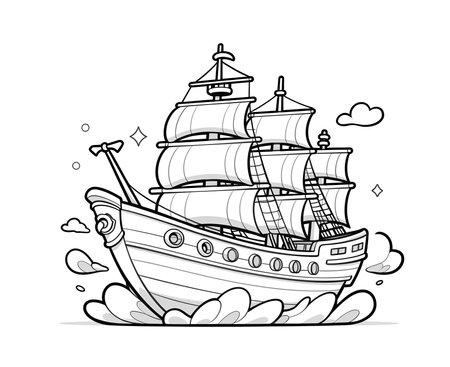 Coloring book for children, transport, ship close-up. Selective soft focus.の素材