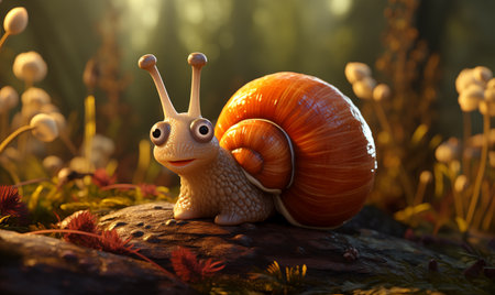 A cartoon snail hurries through the autumn forest. Selective soft focus.の素材