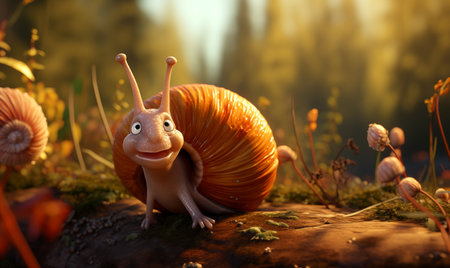 A cartoon snail hurries through the autumn forest. Selective soft focus.の素材