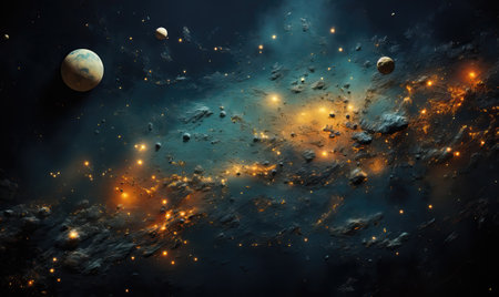 Abstract texture galaxy background with satellites. Selective soft focus.の素材