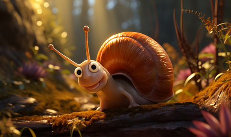 A cartoon snail hurries through the autumn forest. Selective soft focus.の素材