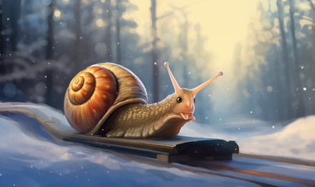 A cartoon snail hurries through the winter forest. Selective soft focus.の素材