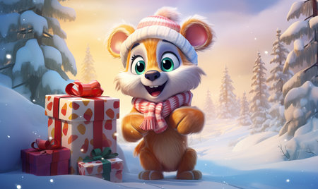 Cartoon little bear with gifts in the winter forest. Selective soft focus.の素材
