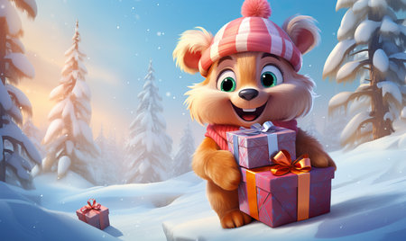 Cartoon little bear with gifts in the winter forest. Selective soft focus.の素材