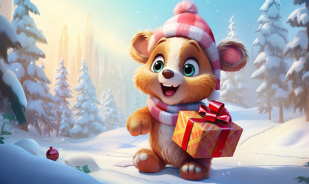 Cartoon little bear with gifts in the winter forest. Selective soft focus.の素材