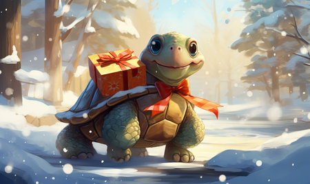 Cartoon turtle hurries through the winter forest. Selective soft focus.の素材