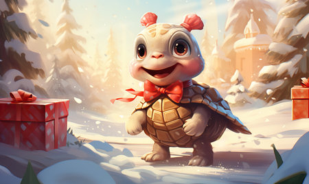 Cartoon turtle hurries through the winter forest. Selective soft focus.の素材