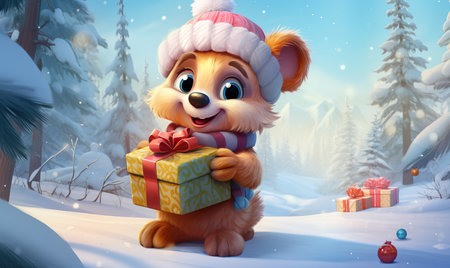 Cartoon little bear with gifts in the winter forest. Selective soft focus.の素材