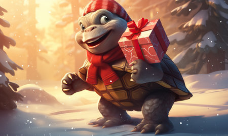 Cartoon turtle hurries through the winter forest. Selective soft focus.の素材