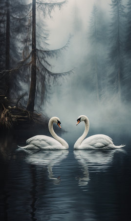 Swans on the lake in the autumn park. Selective soft focus.の素材