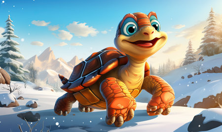 Cartoon turtle hurries through the winter forest. Selective soft focus.の素材