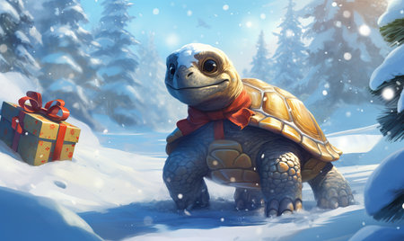 Cartoon turtle hurries through the winter forest. Selective soft focus.の素材