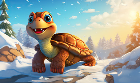 Cartoon turtle hurries through the winter forest. Selective soft focus.の素材