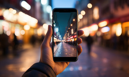 Mobile phone in a man's hand on a blurred background. Selective soft focus.の素材