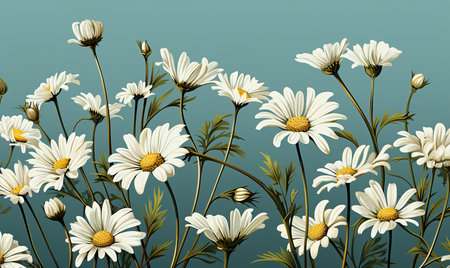 Drawn daisies on a green background, close-up. Selective soft focus.の素材