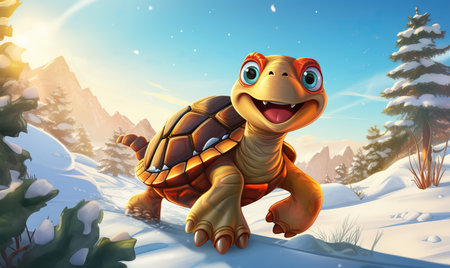 Cartoon turtle hurries through the winter forest. Selective soft focus.の素材