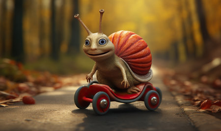 A cartoon snail hurries through the autumn forest. Selective soft focus.の素材