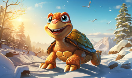 Cartoon turtle hurries through the winter forest. Selective soft focus.の素材