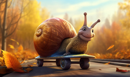A cartoon snail hurries through the autumn forest. Selective soft focus.の素材