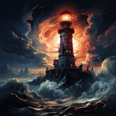 Creative lighthouse on an abstract dark background. Selective soft focus.の素材