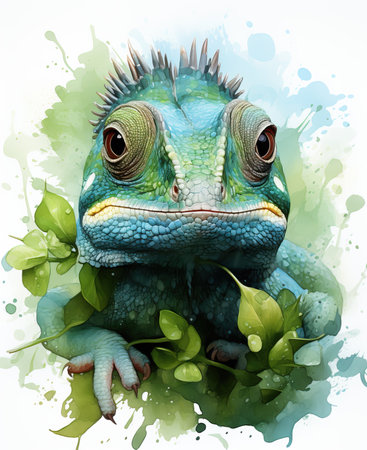 Watercolor, colorful chameleon on a white background. Selective soft focus.の素材