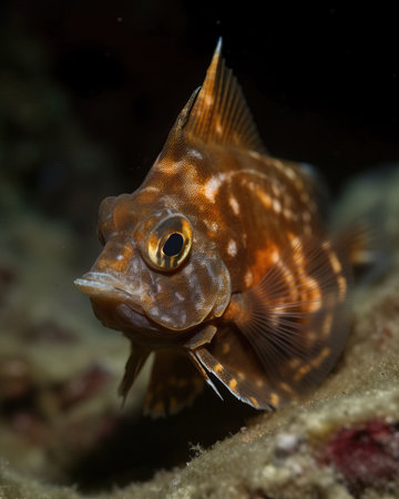 An unusual fish swims at depth in the dark. Selective soft focus.の素材