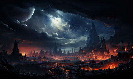 Galactic fantasy landscape. Fiery landscape of the planet. Selective soft focus.の素材