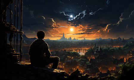 A young man sits on the roof of a house at night. Selective soft focus.の素材
