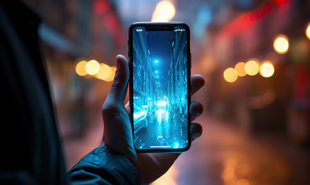 Mobile phone in a man's hand on a blurred background. Selective soft focus.の素材